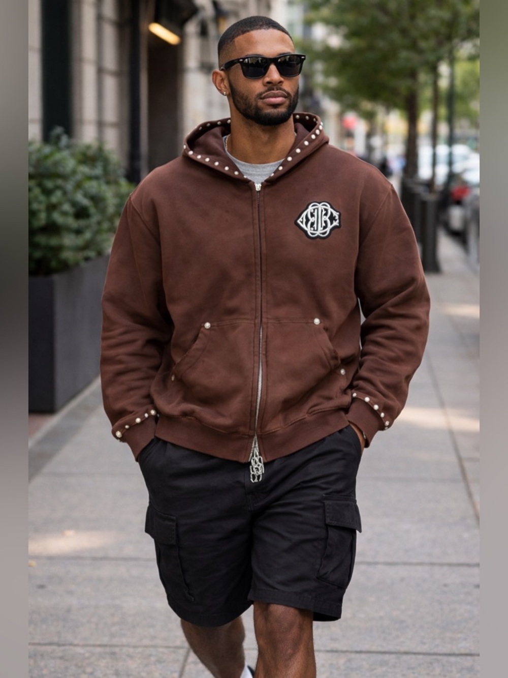 BIRTH OF ROYAL CHILD PEARLS STUDDED BOXY ZIP UP BROWN SIZE MEDIUM